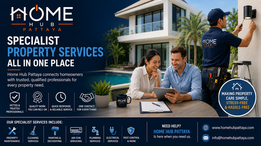 Homeowner arranging specialist property services in Pattaya for maintenance and repairs including air-conditioning, plumbing, electrical work and home improvements.